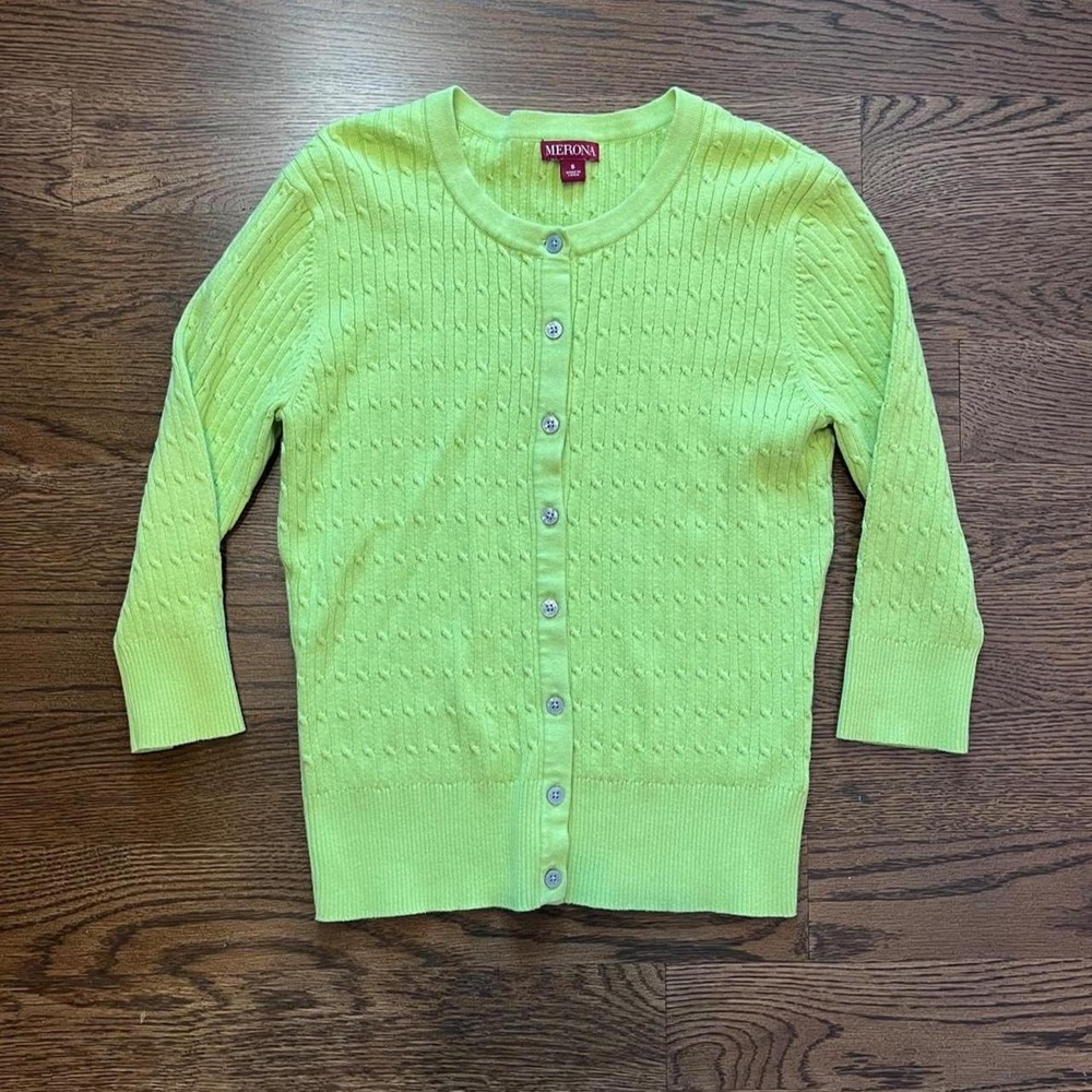 y2k vintage‎ women's light green button up 3/4 sleeve cardigan sweater small